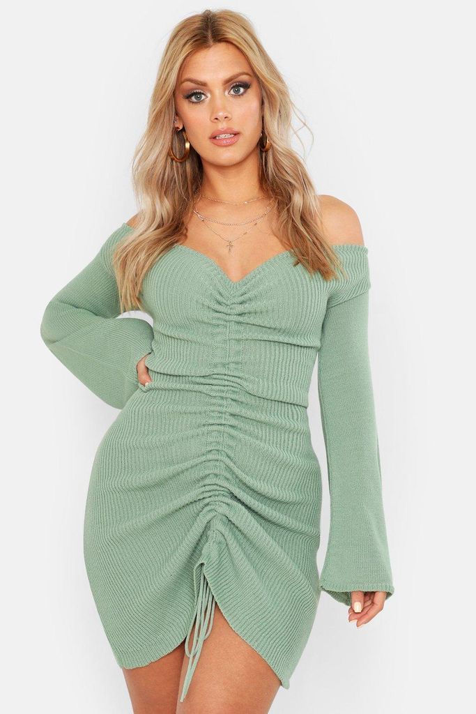 Womens Plus Ruched Bardot Knitted Dress - Green - 22, Green