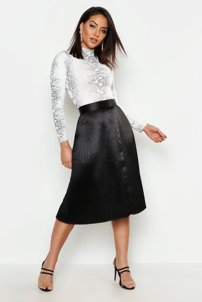 Womens Satin Pleated Midi Skirt - Black - 8, Black