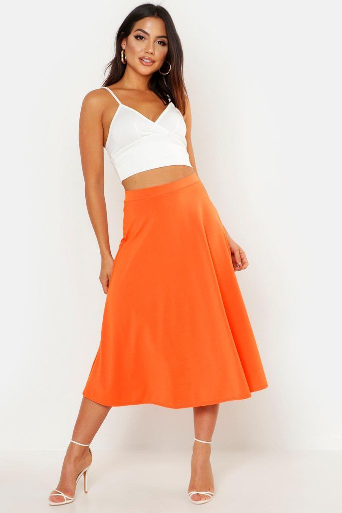 Womens Basic Plain Full Circle Midi Skirt - Orange - 6, Orange