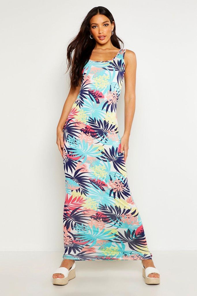 Womens Tropical Print Scoop Neck Maxi Dress - Multi - 10, Multi