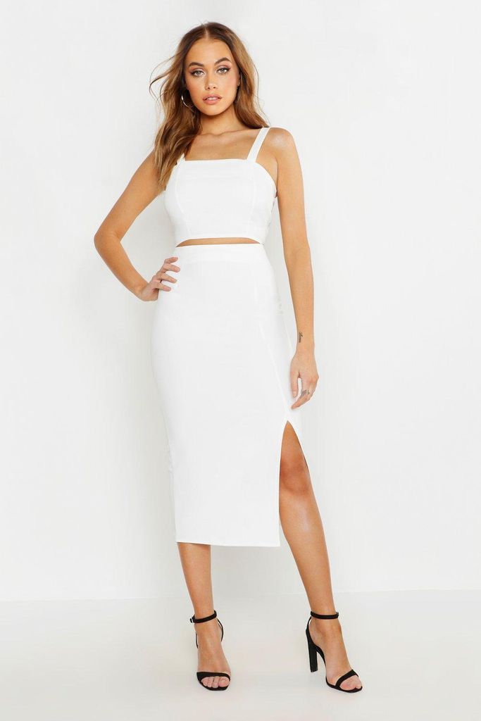 Womens Woven Crop Top & Midi Skirt Co-Ord Set - White - 10, White