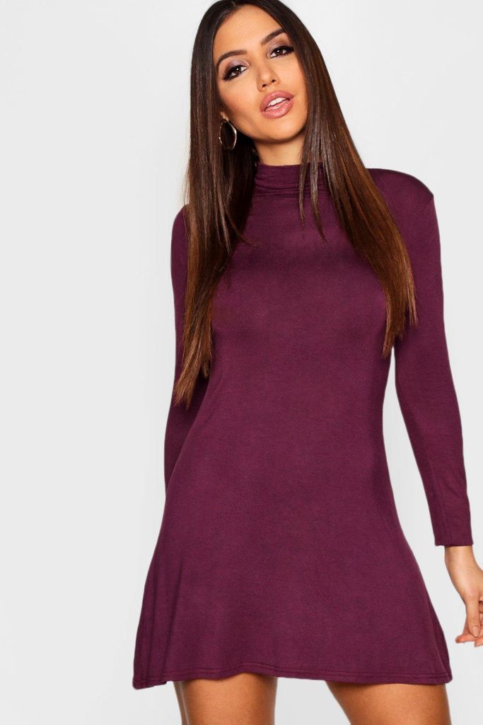 Womens High Neck Long Sleeved Swing Dress - Purple - 8, Purple