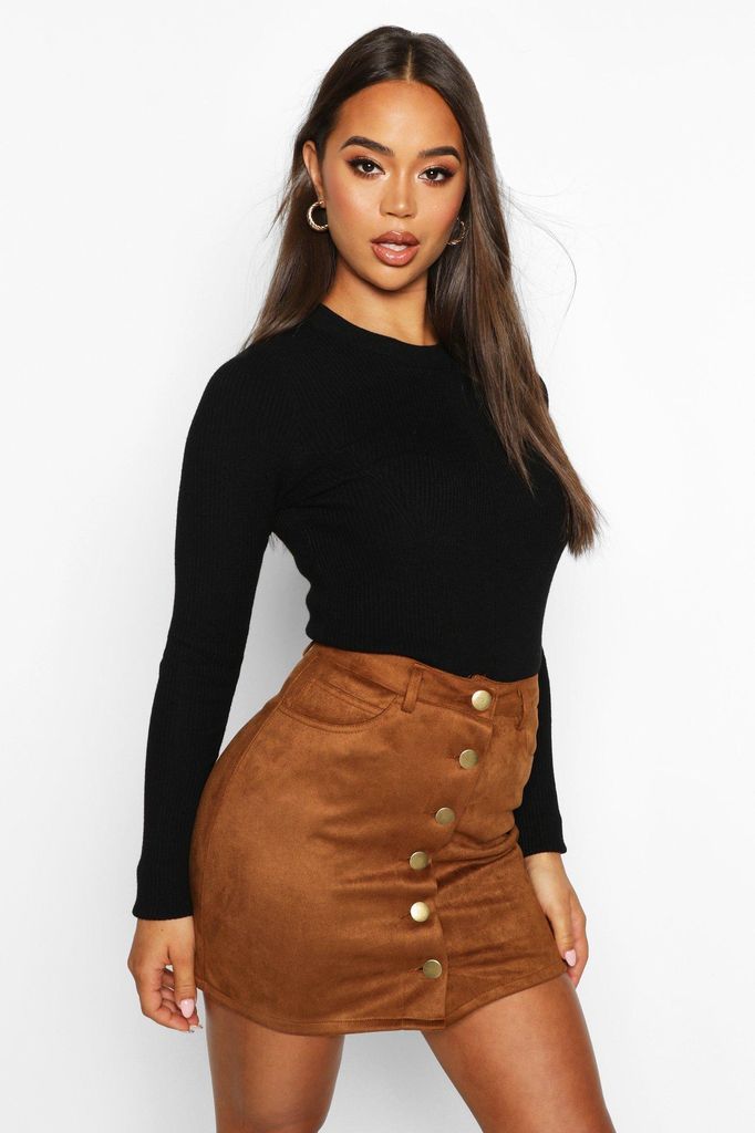Womens Bonded Suede Button Through Mini Skirt - Brown - 16, Brown