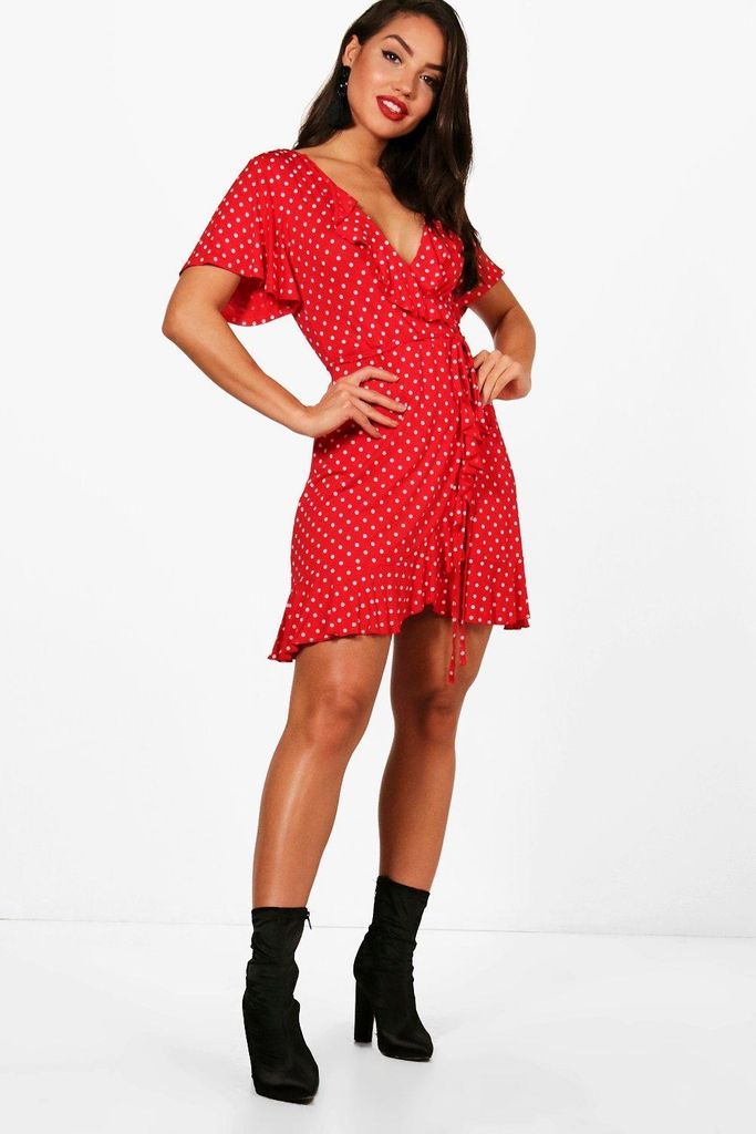 Womens Wrap Polka Dot Print Frill Detail Tea Dress - Red - 8, Red
