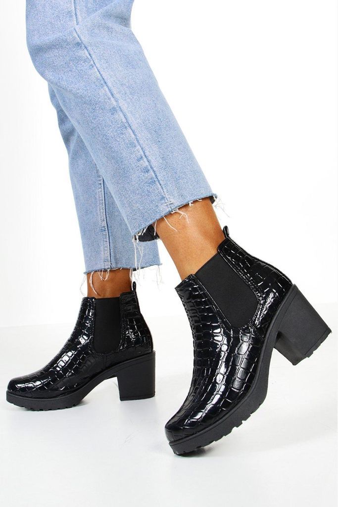 Womens Croc Patent Chunky Chelsea Boots - Black - 3, Black