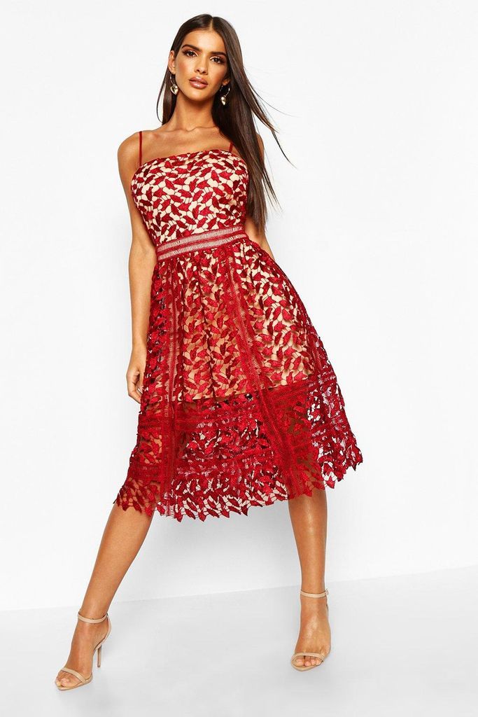 Womens Corded Lace Detail Midi Skater Dress - Red - 8, Red