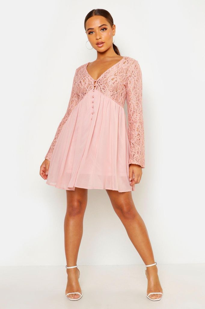 Womens Corded Lace Button Woven Smock Dress - Pink - 10, Pink
