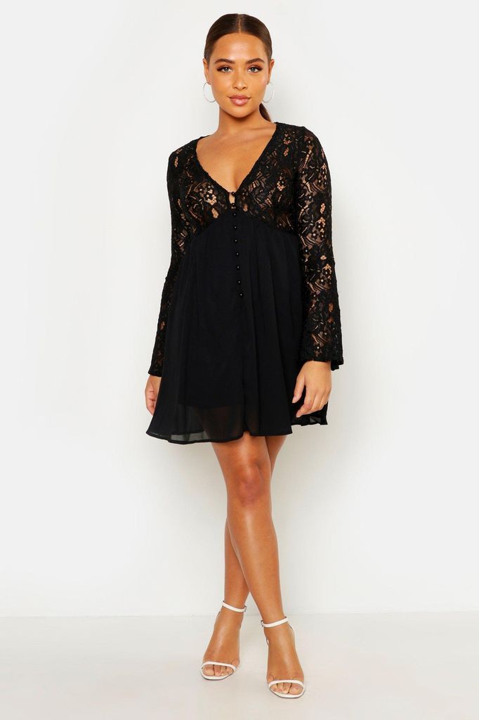 Womens Corded Lace Button Woven Smock Dress - Black - 10, Black