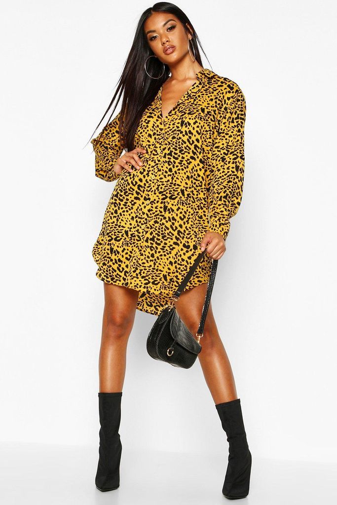 Womens Leopard Print Oversized Dipped Hem Shirt Dress - Yellow - 8, Yellow