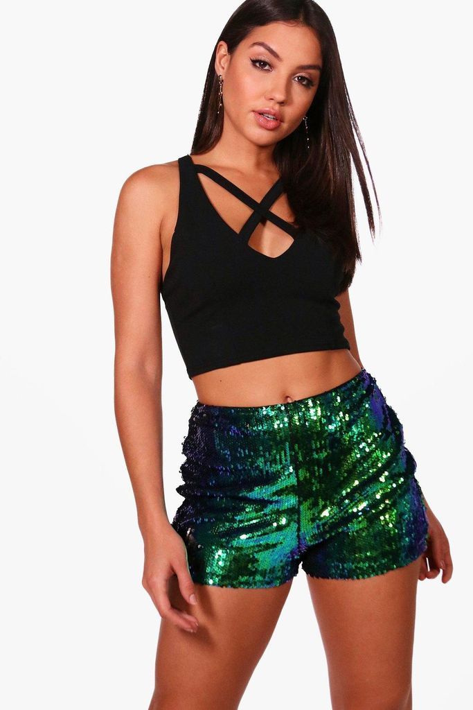 Womens All Over Sequin High Waisted Hotpants - Green - 6, Green