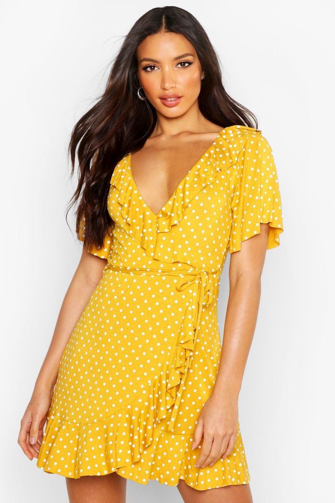 Womens Wrap Polka Dot Print Frill Detail Tea Dress - Yellow - 8, Yellow