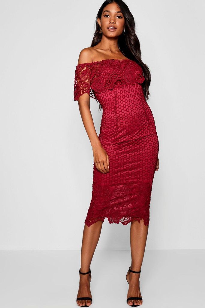 Womens Boutique Lace Off Shoulder Midi Dress - Red - 10, Red
