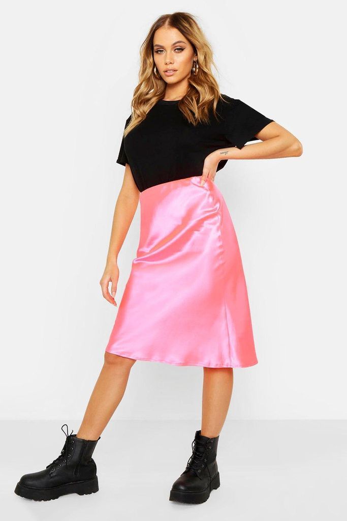Womens Neon Luxe Satin Bias Cut Midi Skirt - Pink - 12, Pink