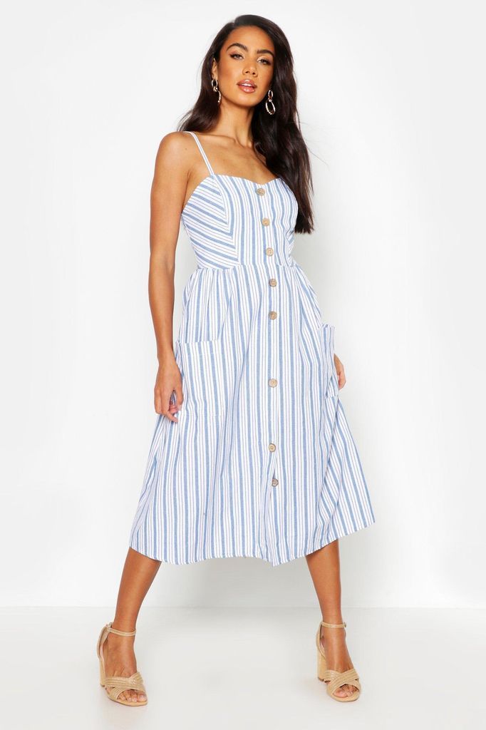 Womens Stripe Button Through Linen Midi Dress - Blue - 16, Blue