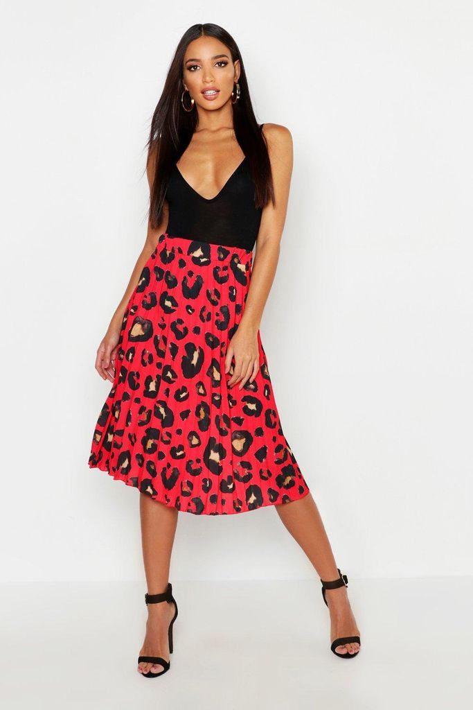 Womens Pleated Leopard Print Midi Skirt - Red - 10, Red