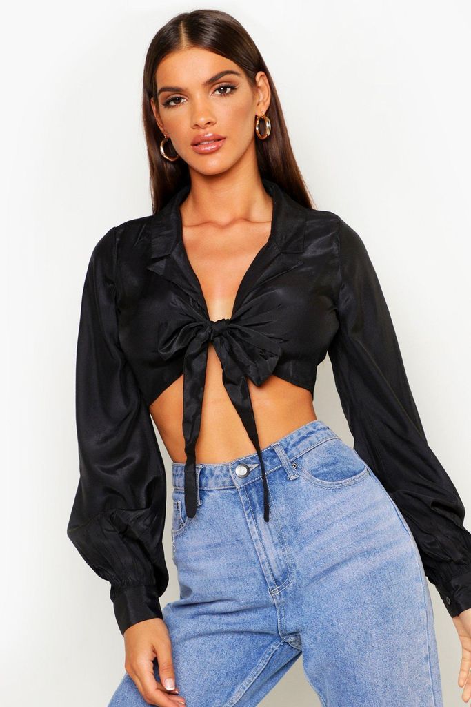 Womens Woven Tie Front Cropped Shirt - Black - 8, Black