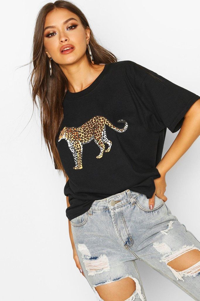 Womens Leopard Graphic Oversized T-Shirt - Black - 8, Black