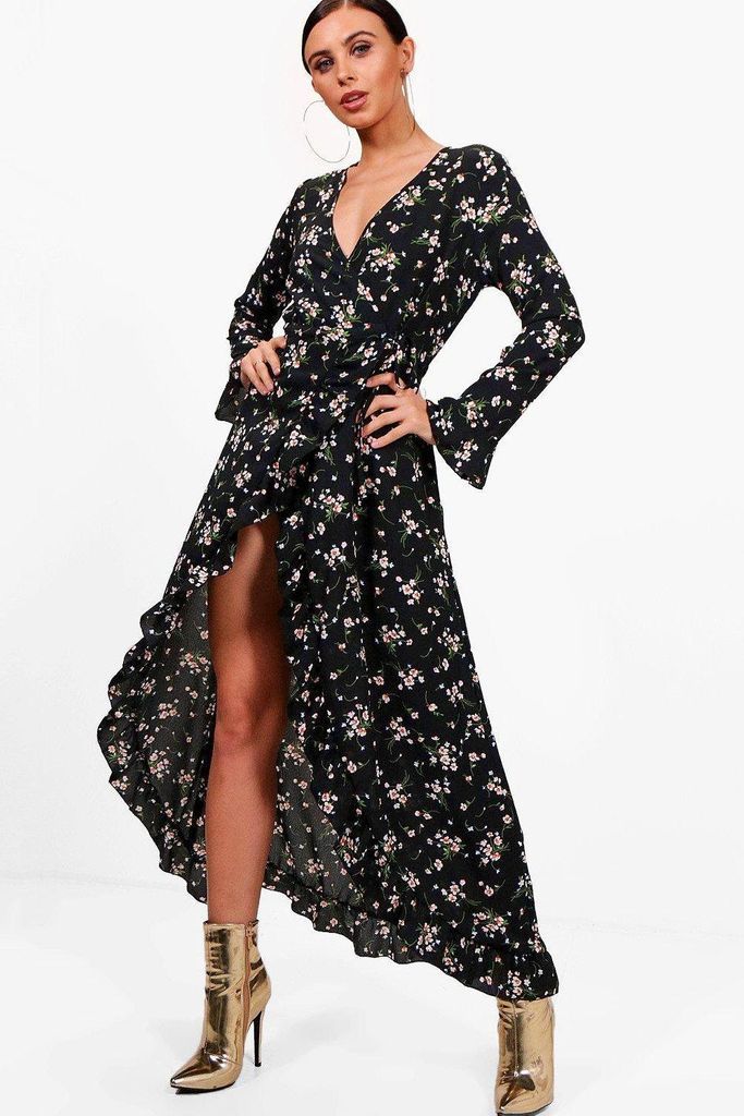 Womens Petite Ditsy Floral Woven Wrap Dress - Black - 6, Black