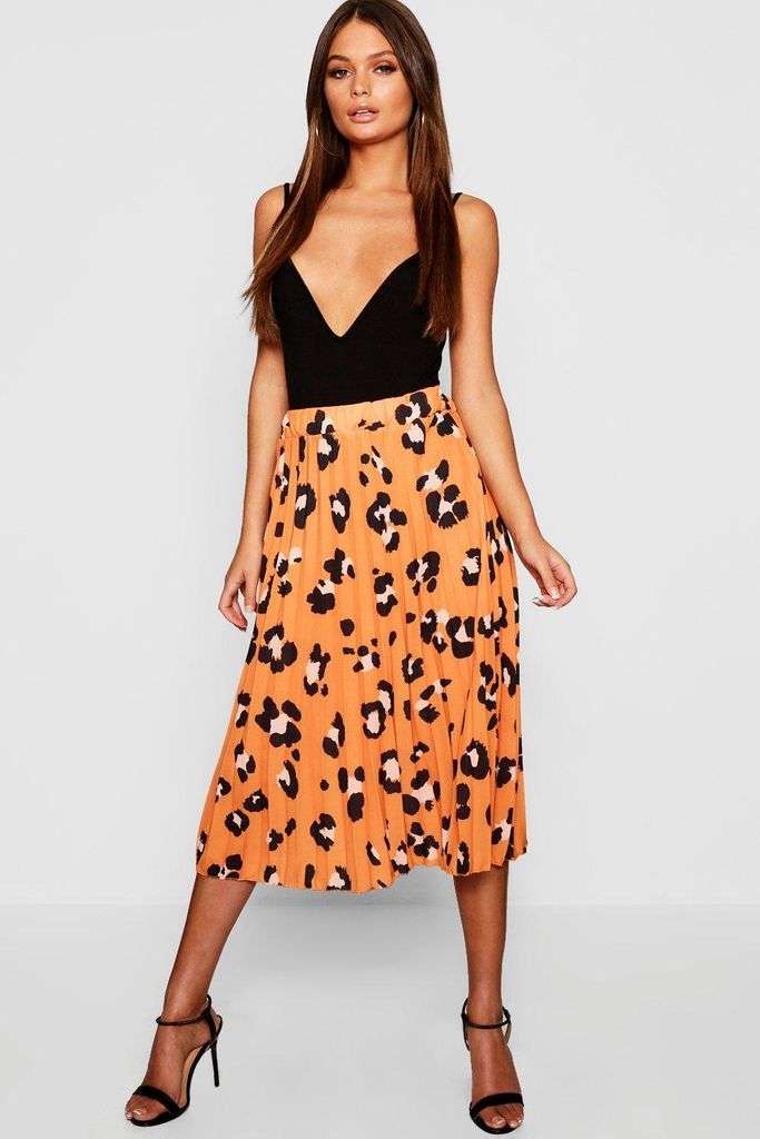 Womens Pleated Leopard Print Midi Skirt - Orange - 8, Orange