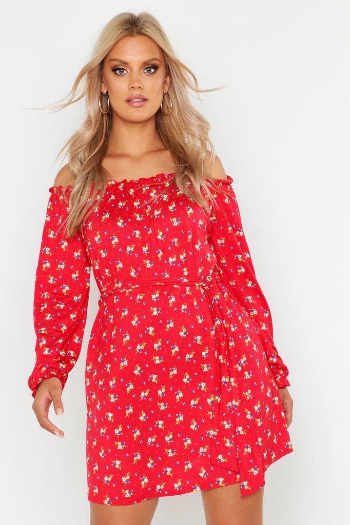 Womens Plus Off The Shoulder Floral Tie Waist Dress - Red - 28, Red