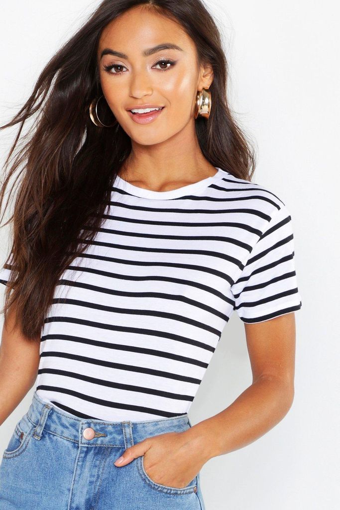 Womens Petite Striped Boxy Fit T-Shirt - White - 4, White