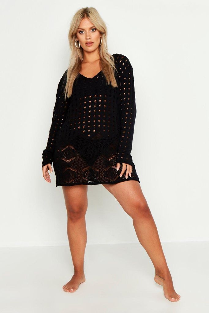 Womens Plus Crochet Lace Detail Beach Dress - Black - 20-22, Black