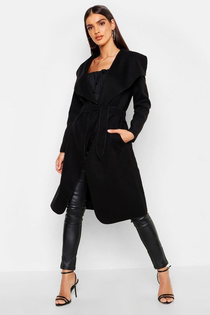 Womens Belted Shawl Collar Coat - Black - One Size, Black