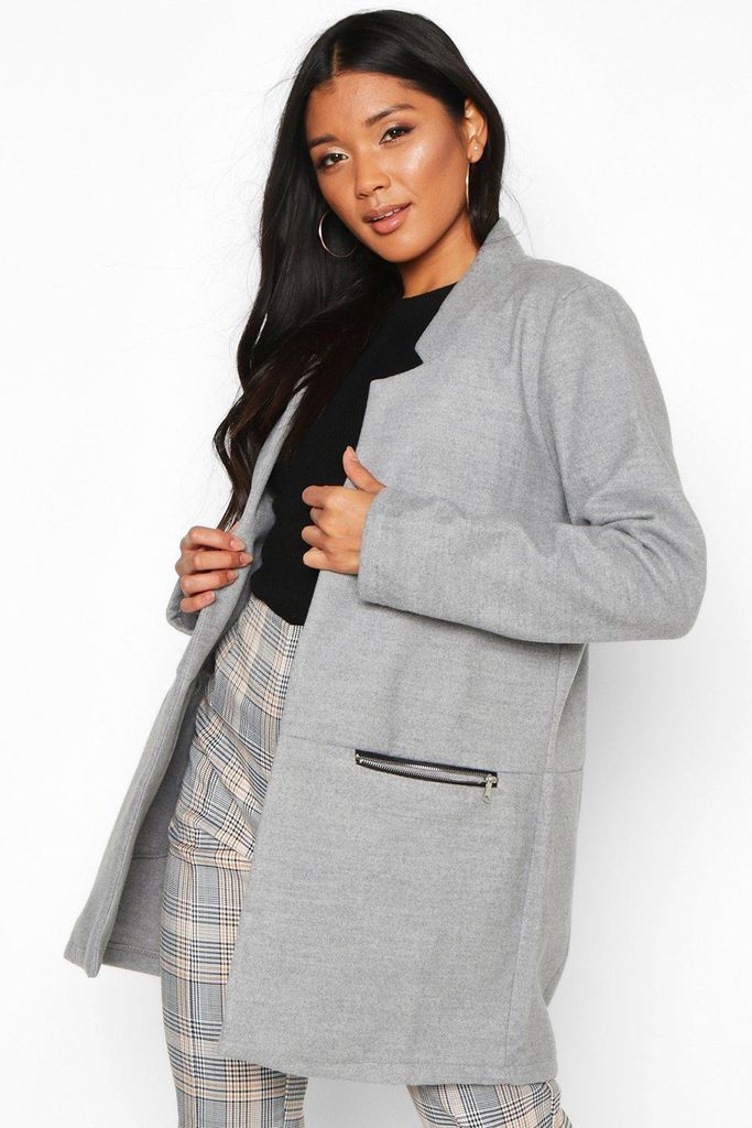 Womens Zip Pocket Wool Look Coat - Grey - S, Grey