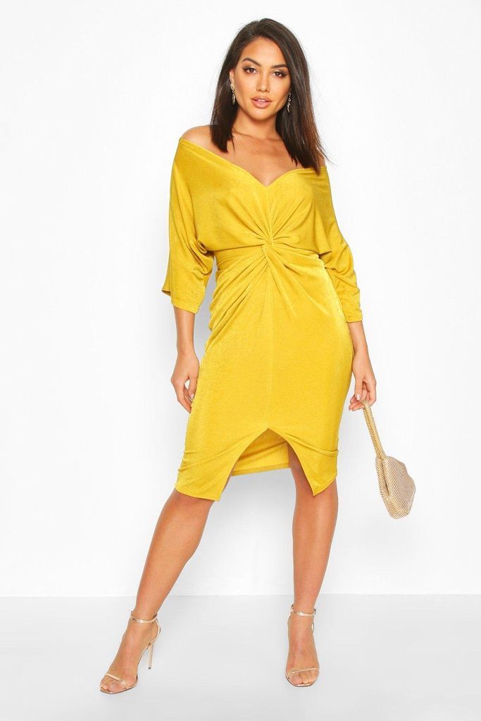 Womens Slinky Off Shoulder Twist Midi Dress - Yellow - 12, Yellow