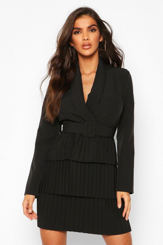 Womens Belted Pleated Detail Blazer Dress - Black - 12, Black