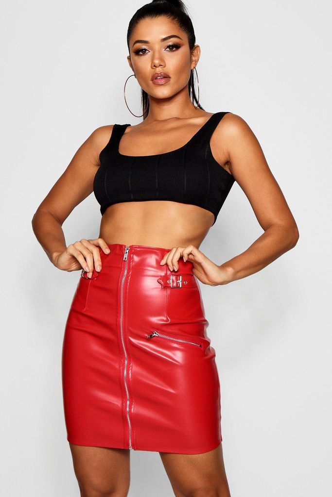 Womens Leather Look High Waist Buckle Mini Skirt - Red - 8, Red