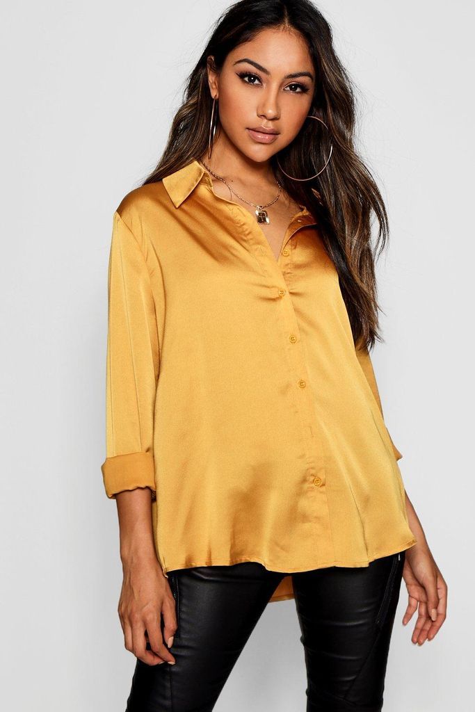 Womens Woven Satin Oversized Long Sleeve Shirt - Yellow - 8, Yellow