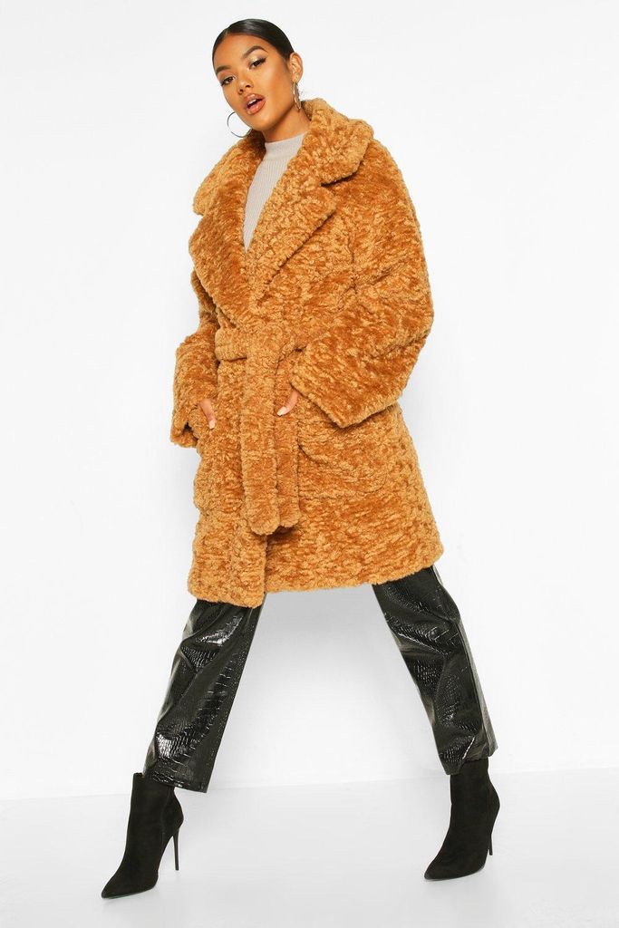 Womens Textured Faux Fur Belted Coat - Beige - 8, Beige
