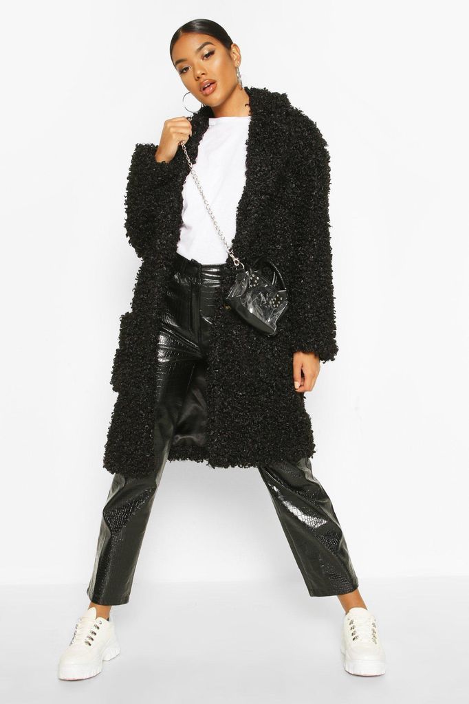 Womens Premium Teddy Faux Fur Longline Coat - Black - 8, Black
