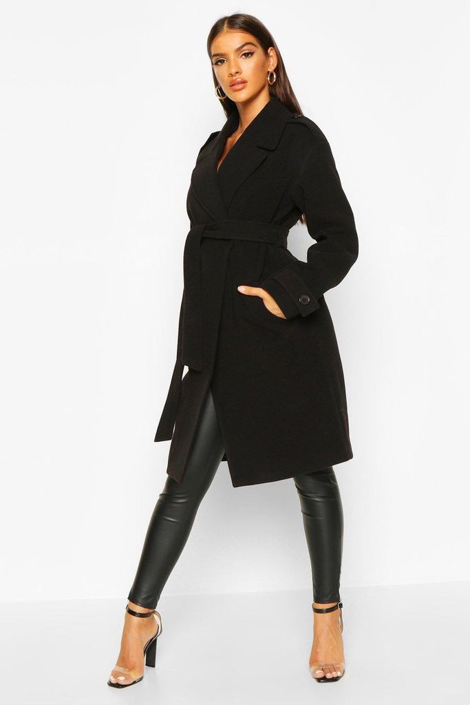 Womens Belted Collared Wool Look Coat - Black - 12, Black