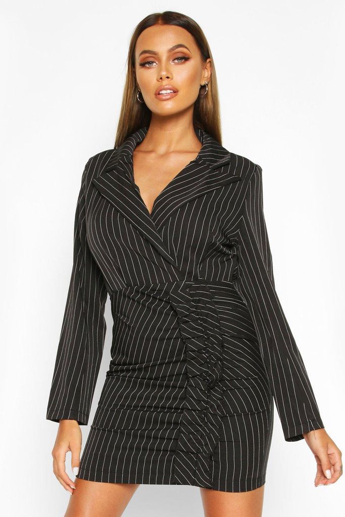 Womens Pinstripe Ruffle Side Blazer Dress - Black - S, Black