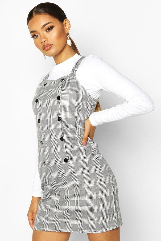 Womens Dogtooth Button Pinafore Dress - Grey - 10, Grey