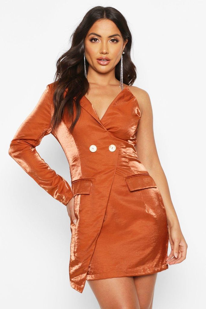 Womens Satin One Shoulder Blazer Dress - Brown - 12, Brown