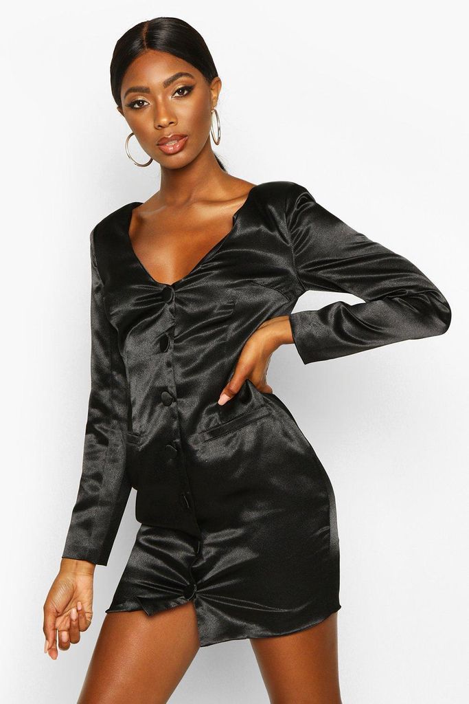 Womens Satin Off The Shoulder Button Detail Blazer Dress - Black - 12, Black