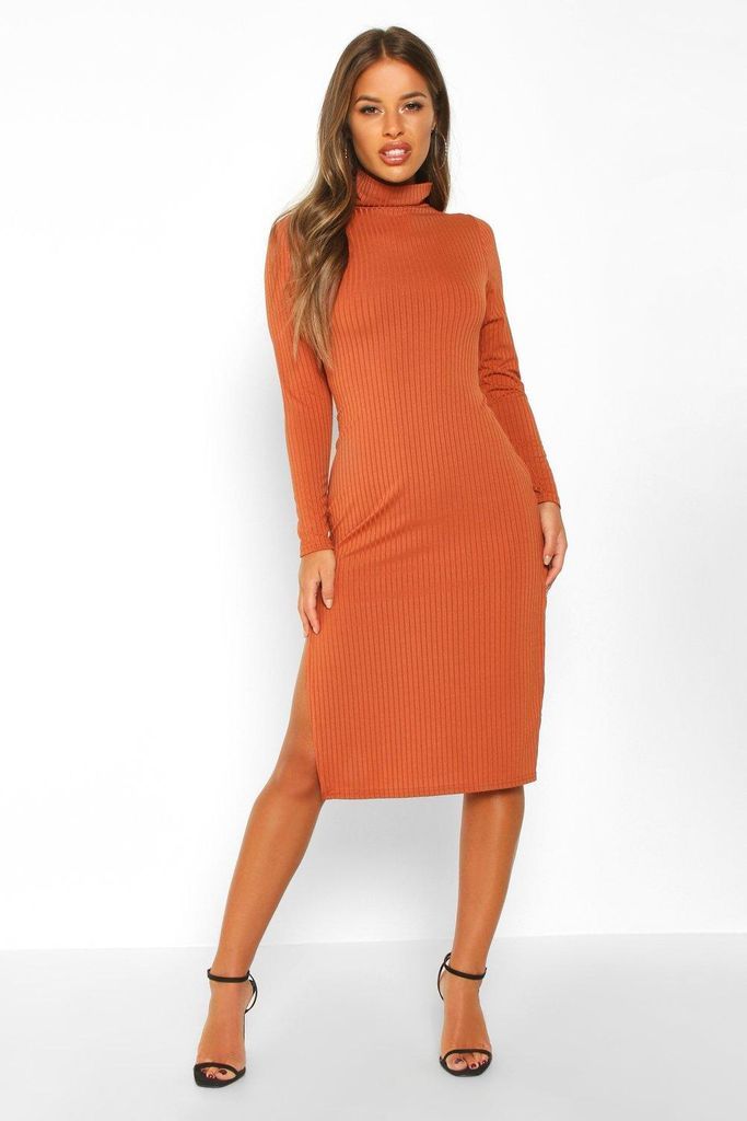 Womens Petite Rib Roll Neck Split Hem Midi Dress - Orange - 10, Orange