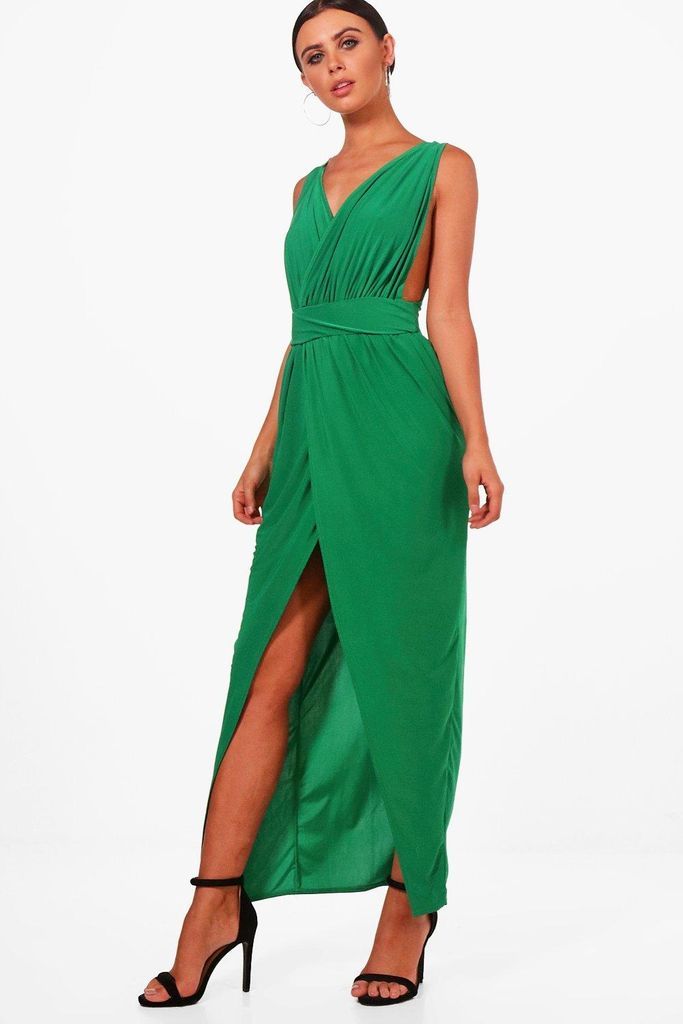 Womens Petite Plunge Drape Maxi Dress - Green - 4, Green