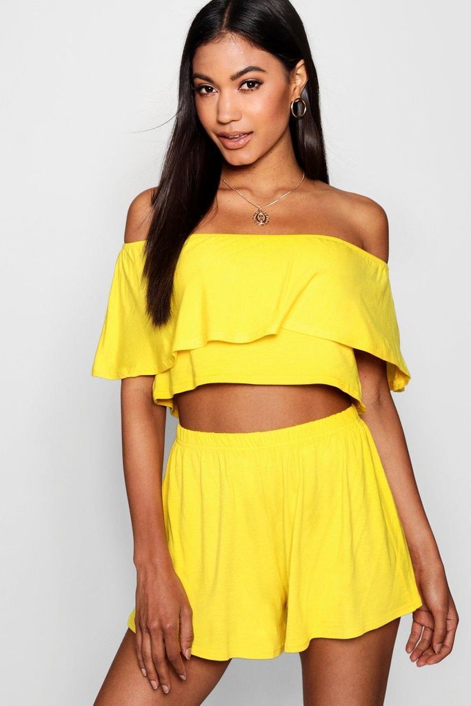 Womens Off The Shoulder Top + Short Co-Ord Set - Yellow - 10, Yellow