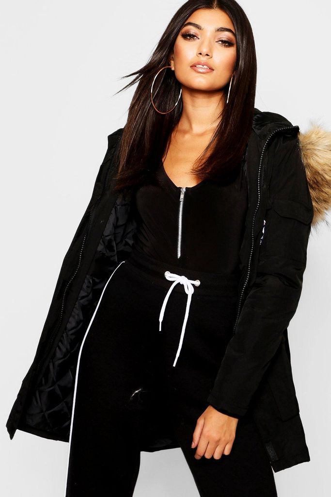 Womens Luxe Faux Fur Trim Sporty Parka - Black - 10, Black