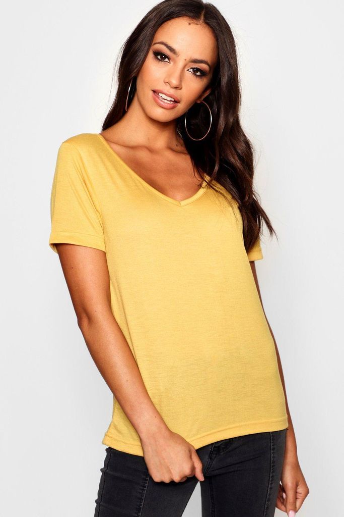 Womens Basic Super Soft V Neck T-Shirt - Yellow - 4, Yellow
