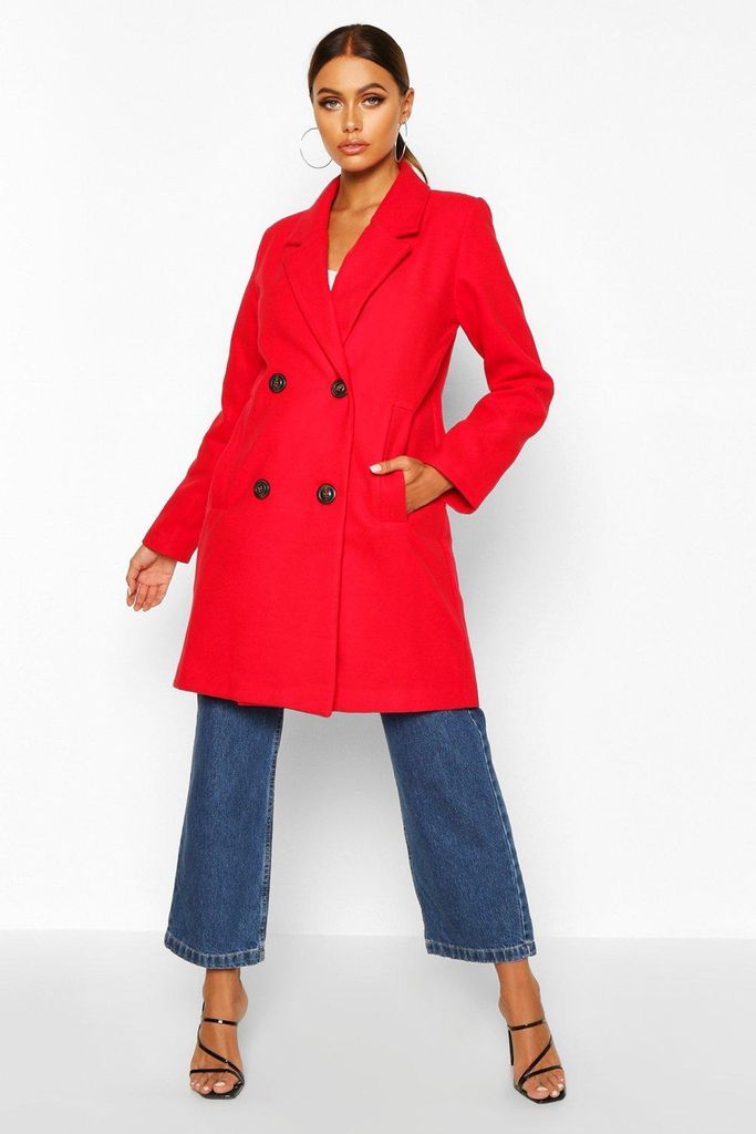 Womens Double Breasted Slim Fit Wool Look Coat - Red - 10, Red