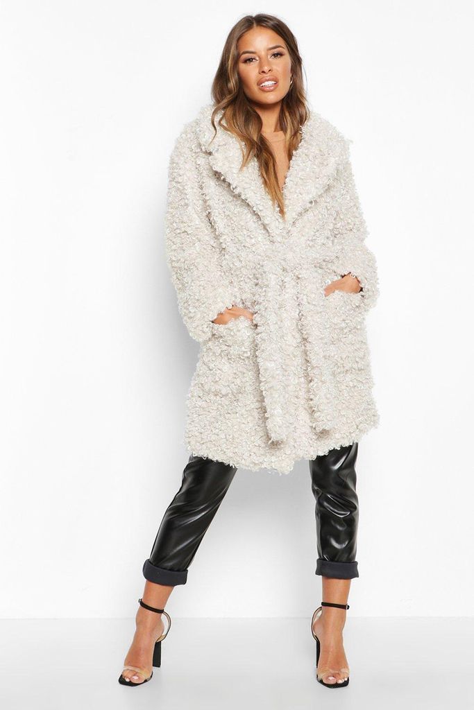 Womens Petite Teddy Faux Fur Belted Coat - White - 4, White