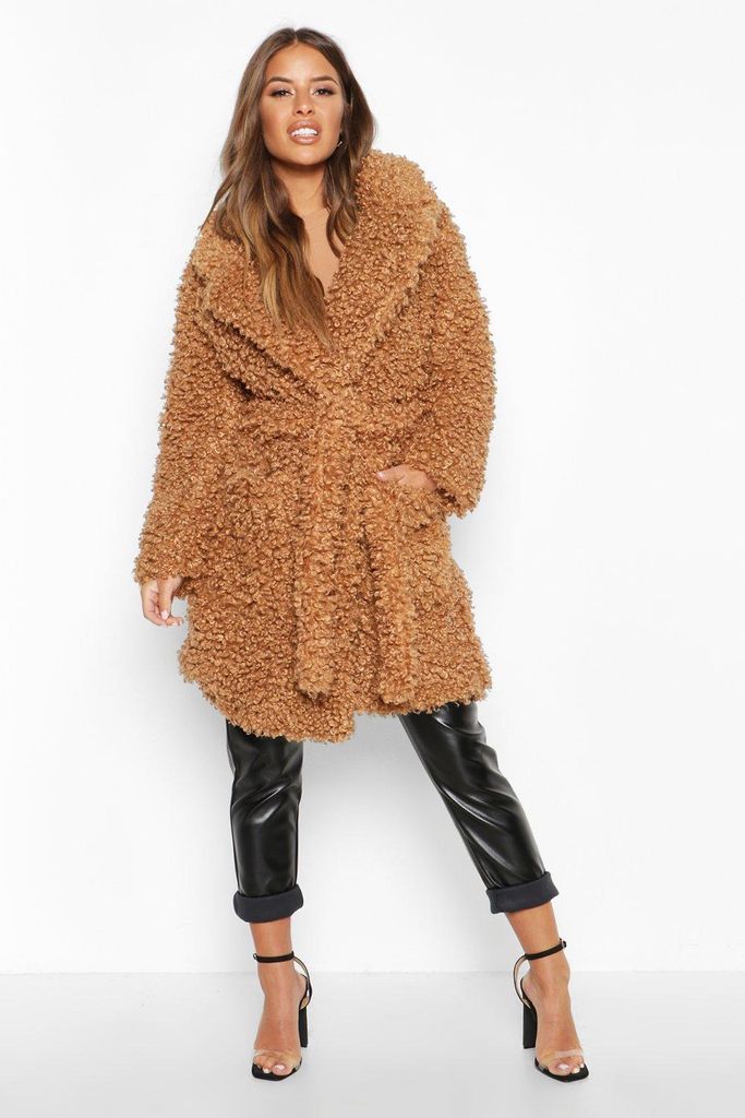 Womens Petite Teddy Faux Fur Belted Coat - Beige - 12, Beige