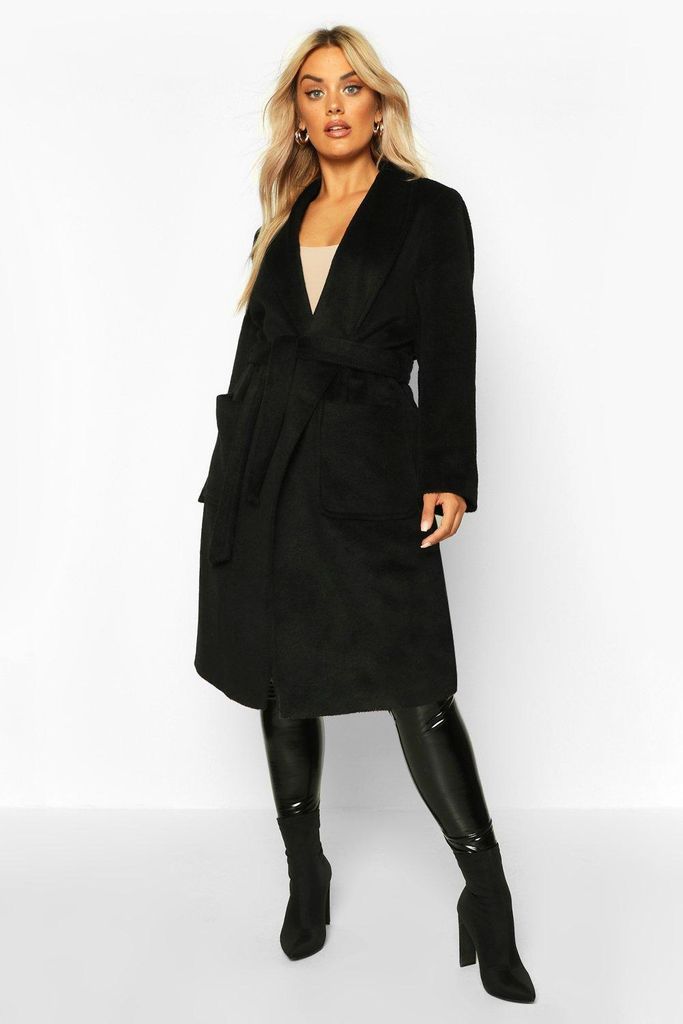 Womens Plus Brushed Wool Look Belted Duster Coat - Black - 16, Black