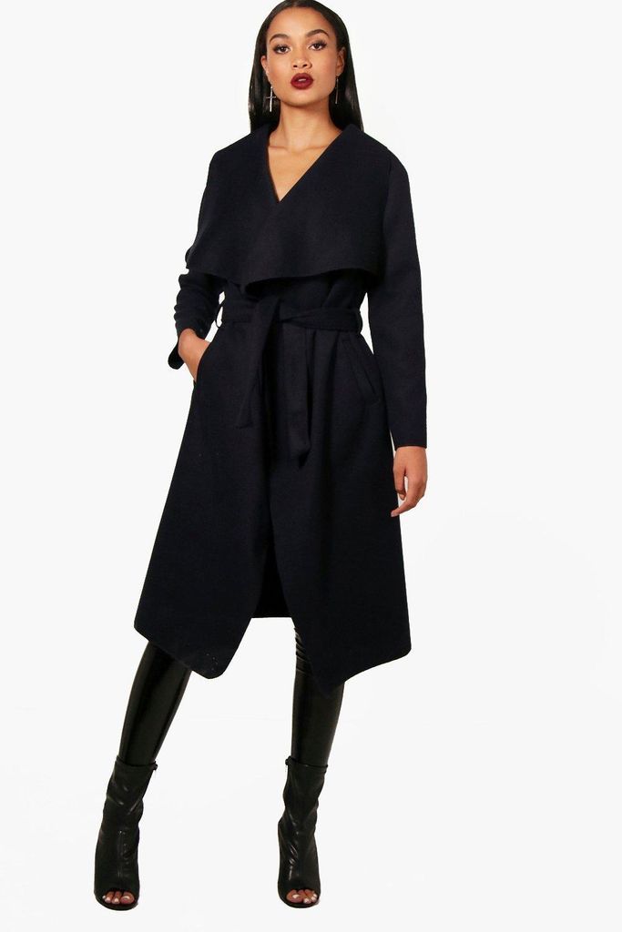 Womens Belted Waterfall Coat - Navy - S/M, Navy