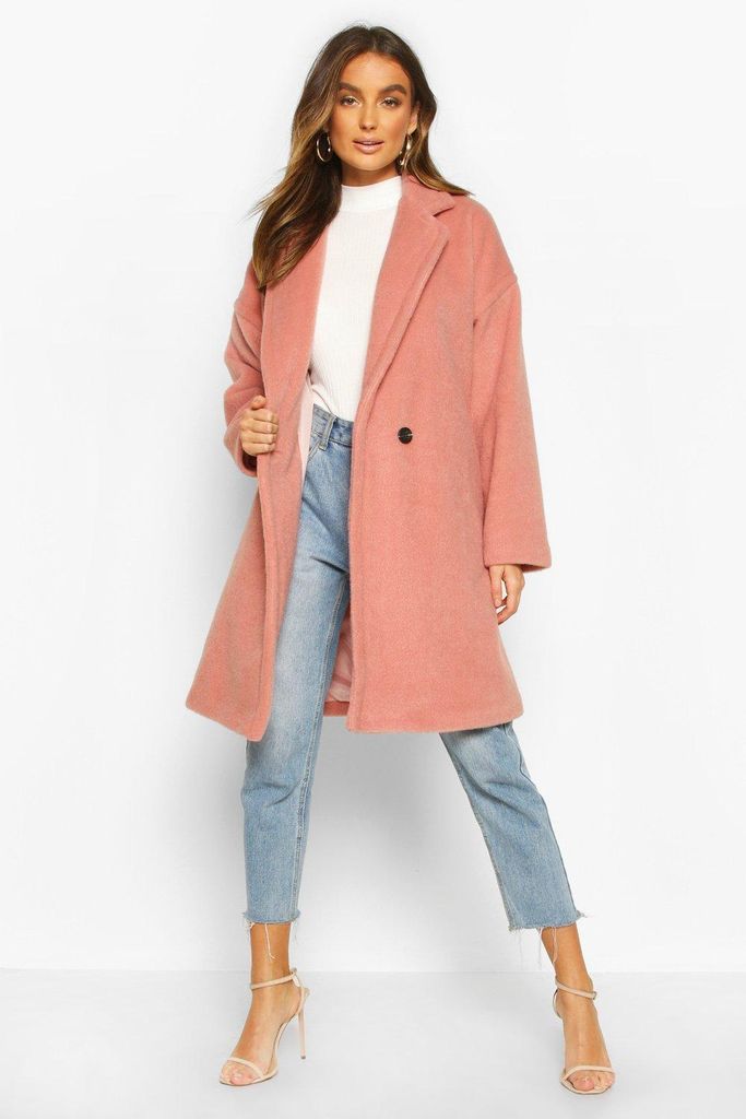 Womens Luxe Brushed Wool Look Button Through Coat - Pink - 8, Pink